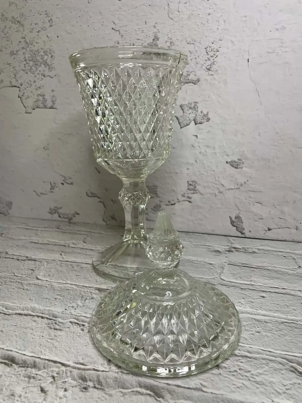 Vintage Indiana Glass Tiara Diamond Point Footed Pedestal Lidded Apothecary Jar
